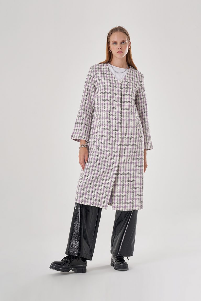 Mizalle Lila Tüvit Desenli Yakasız Uzun Kaban - Mizalle