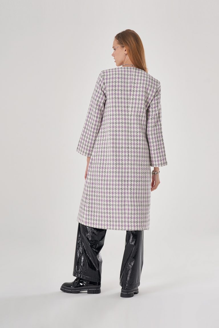 Mizalle Lila Tüvit Desenli Yakasız Uzun Kaban - Mizalle