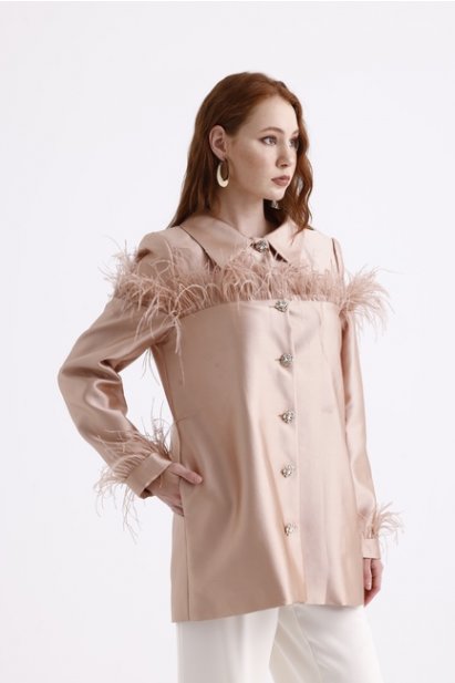 Mizalle Pudra Pembe Tüy Detaylı Saten Şık Ceket - Mizalle