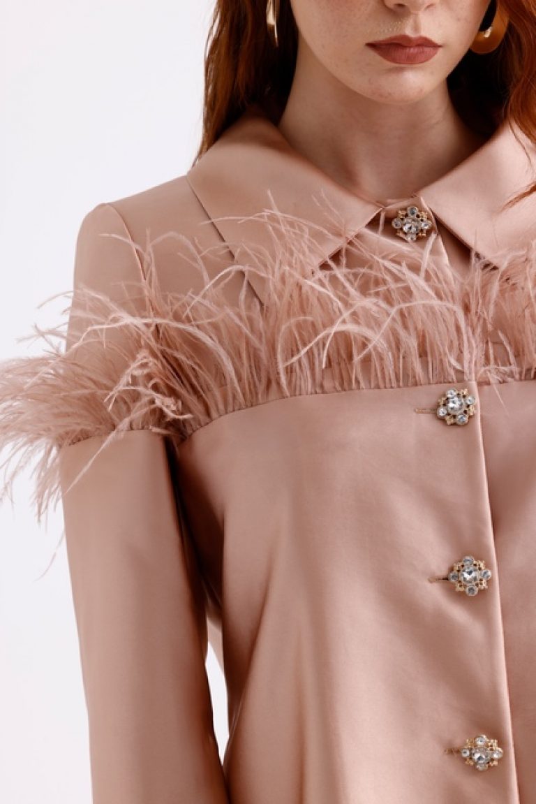 Mizalle Pudra Pembe Tüy Detaylı Saten Şık Ceket - Mizalle