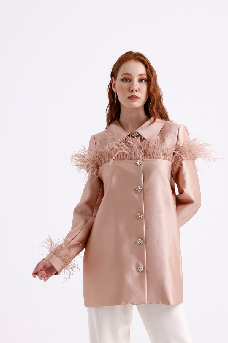 Mizalle Pudra Pembe Tüy Detaylı Saten Şık Ceket - Mizalle