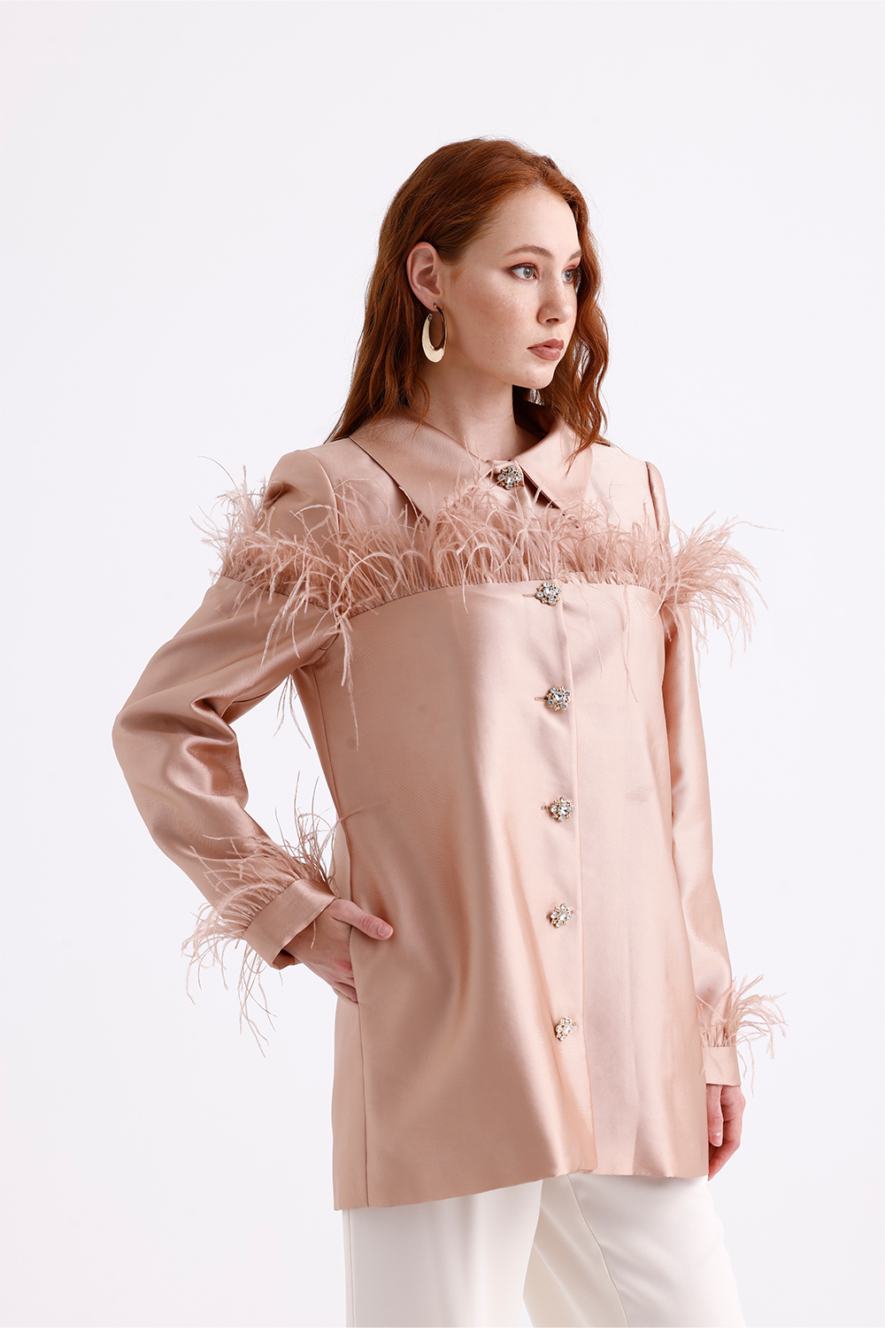Mizalle Pudra Pembe Tüy Detaylı Saten Şık Ceket