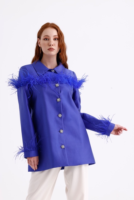 Mizalle - Mizalle Saks Mavi Tüy Detaylı Saten Şık Ceket