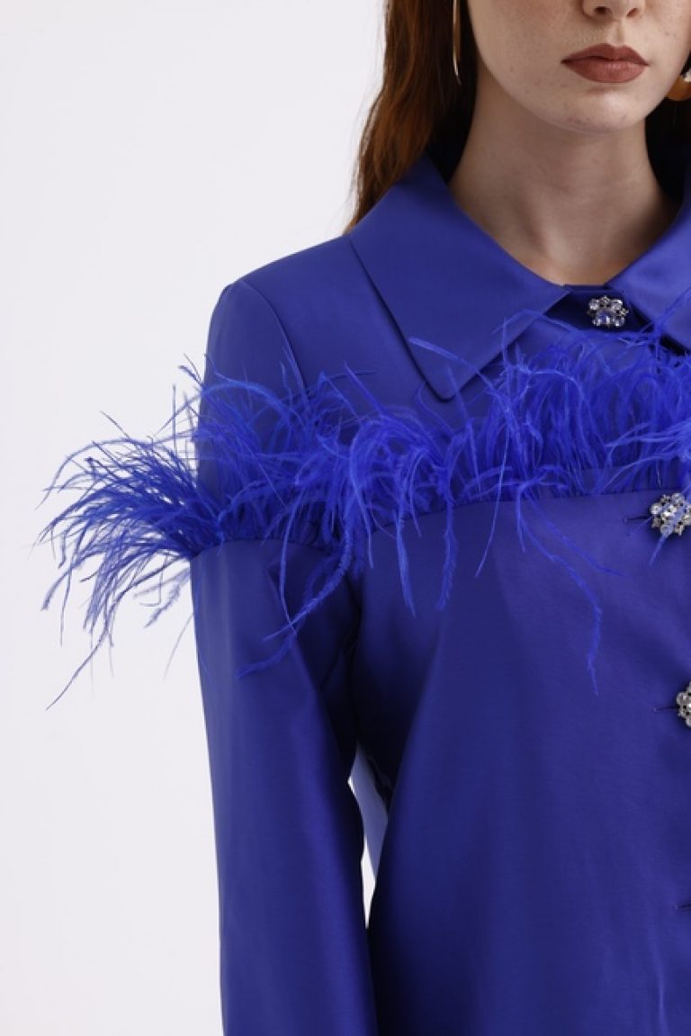 Mizalle Saks Mavi Tüy Detaylı Saten Şık Ceket - Mizalle