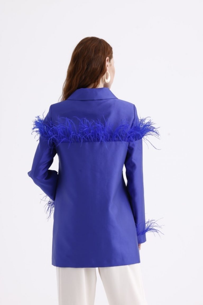 Mizalle Saks Mavi Tüy Detaylı Saten Şık Ceket - Mizalle