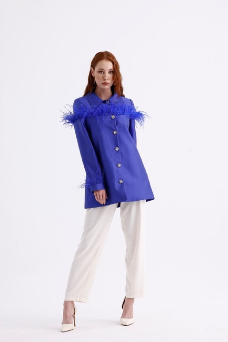 Mizalle Saks Mavi Tüy Detaylı Saten Şık Ceket - Mizalle