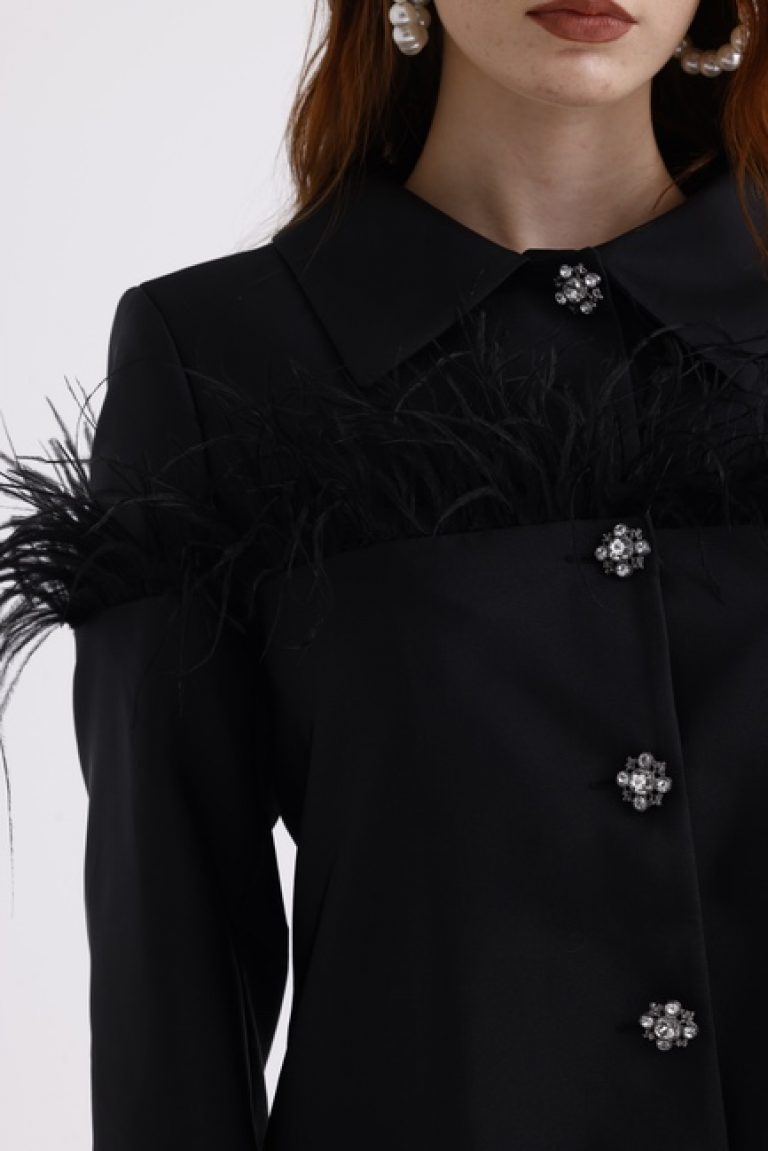 Mizalle Siyah Tüy Detaylı Saten Şık Ceket - Mizalle