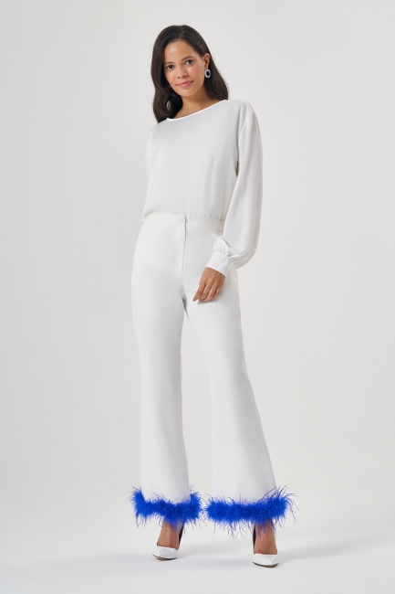 Tüylü Luxury Ekru Pantolon