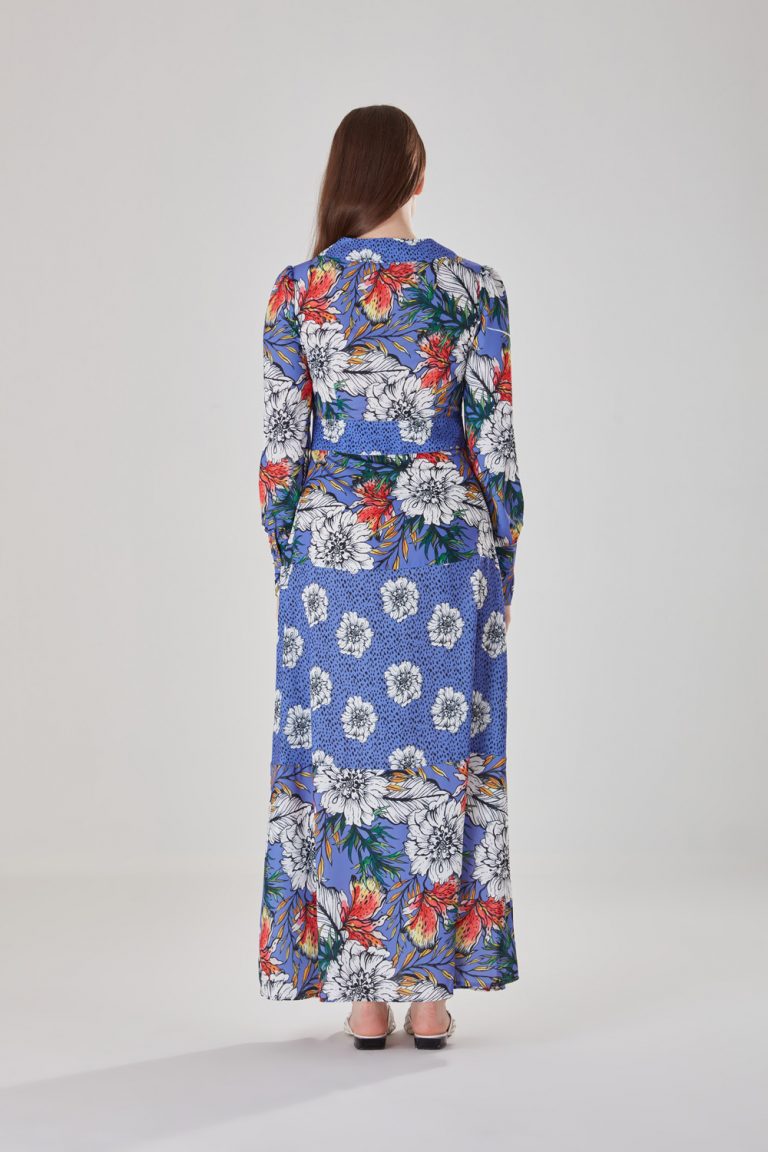 Mizalle Mavi Çiçek Desenli Uzun Yazlık Pamuk Karışımlı Elbise - Mizalle