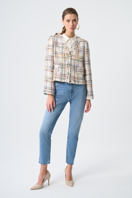 Mizalle - Mizalle V Yaka Ekru Renkli Ekoseli Kısa Ceket