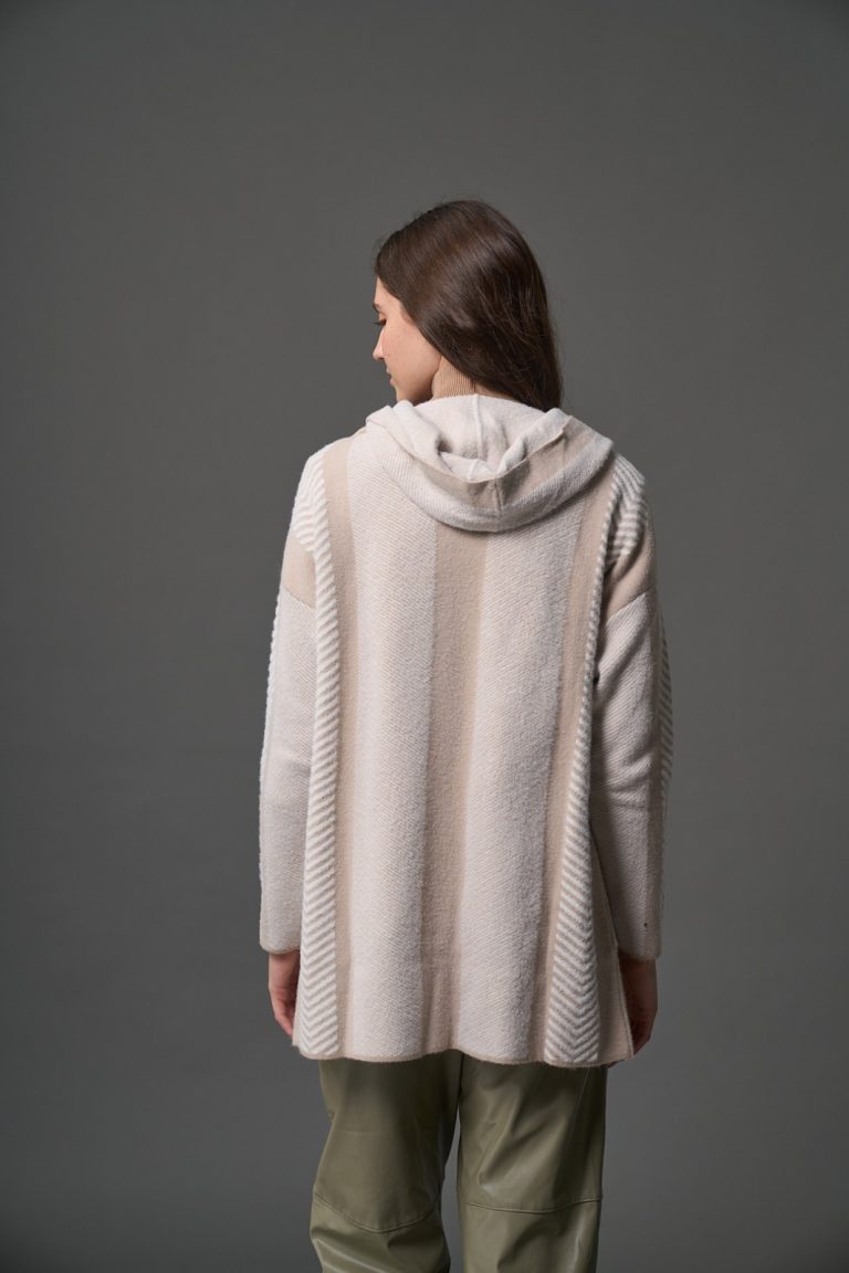 Mizalle Verev Çizgili Kapüşonlu Bej Rengi Triko Hırka - Mizalle