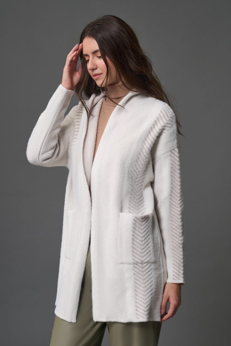 Mizalle Verev Çizgili Kapüşonlu Ekru Triko Hırka - Mizalle