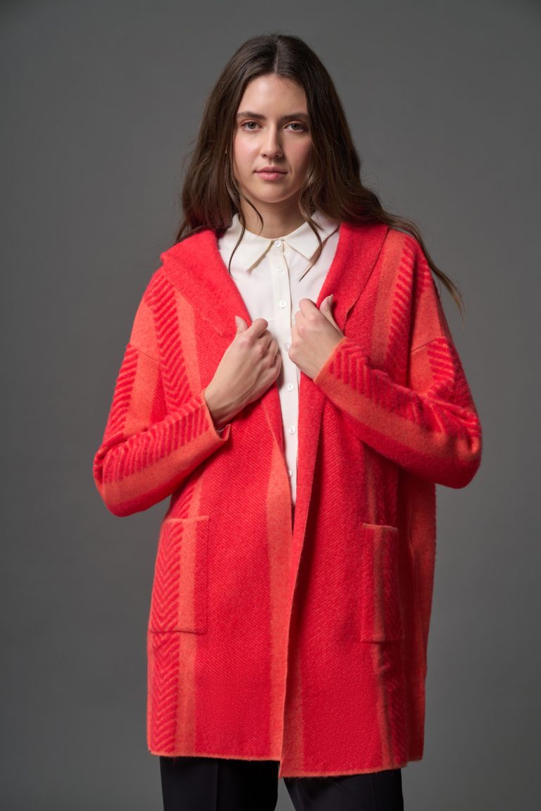 Mizalle Verev Çizgili Kapüşonlu Turuncu Triko Hırka - Mizalle