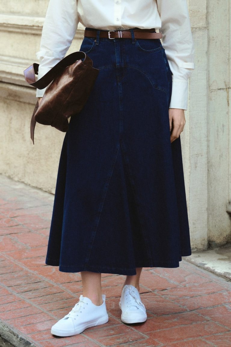 Mizalle Parça Volanlı Lacivert Maksi Denim Etek - Mizalle