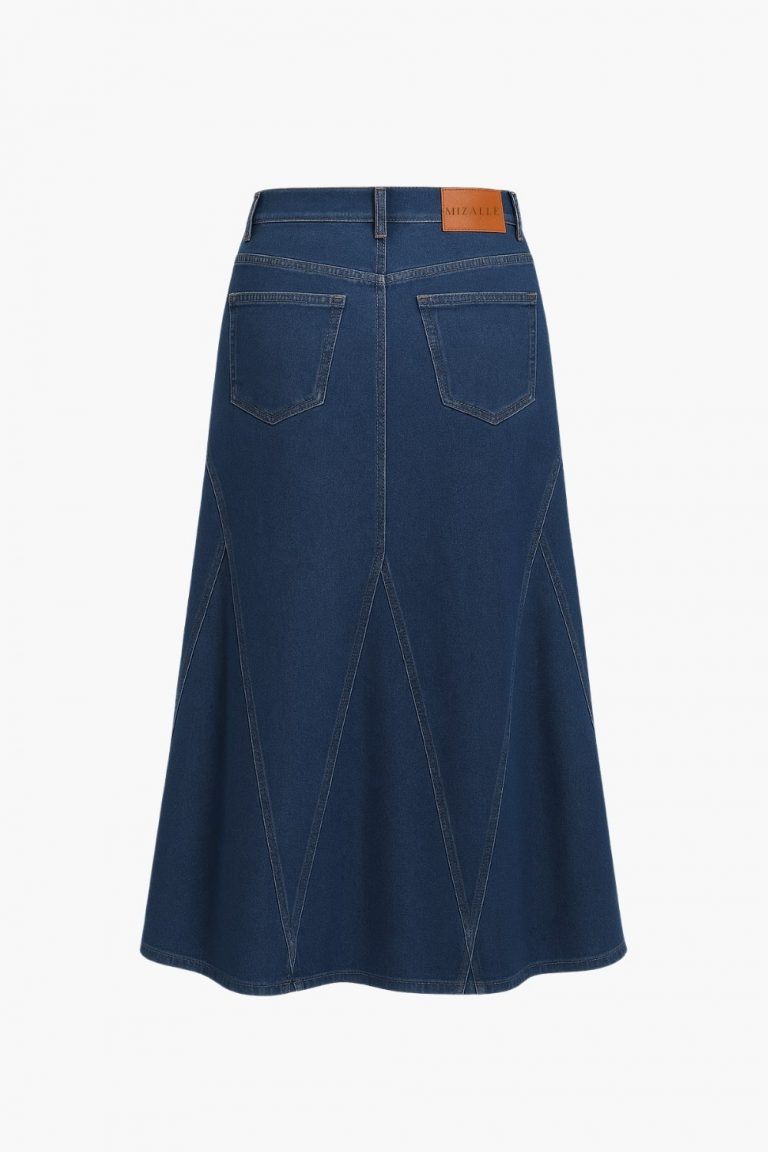 Mizalle Parça Volanlı Lacivert Maksi Denim Etek - Mizalle