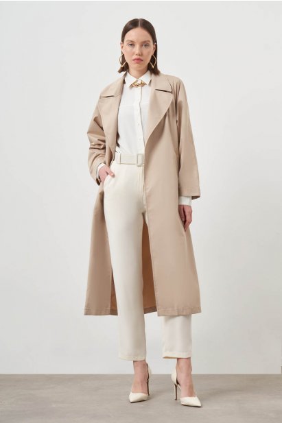 Mizalle Bej Rengi Premium Klasik Uzun Trençkot - Mizalle