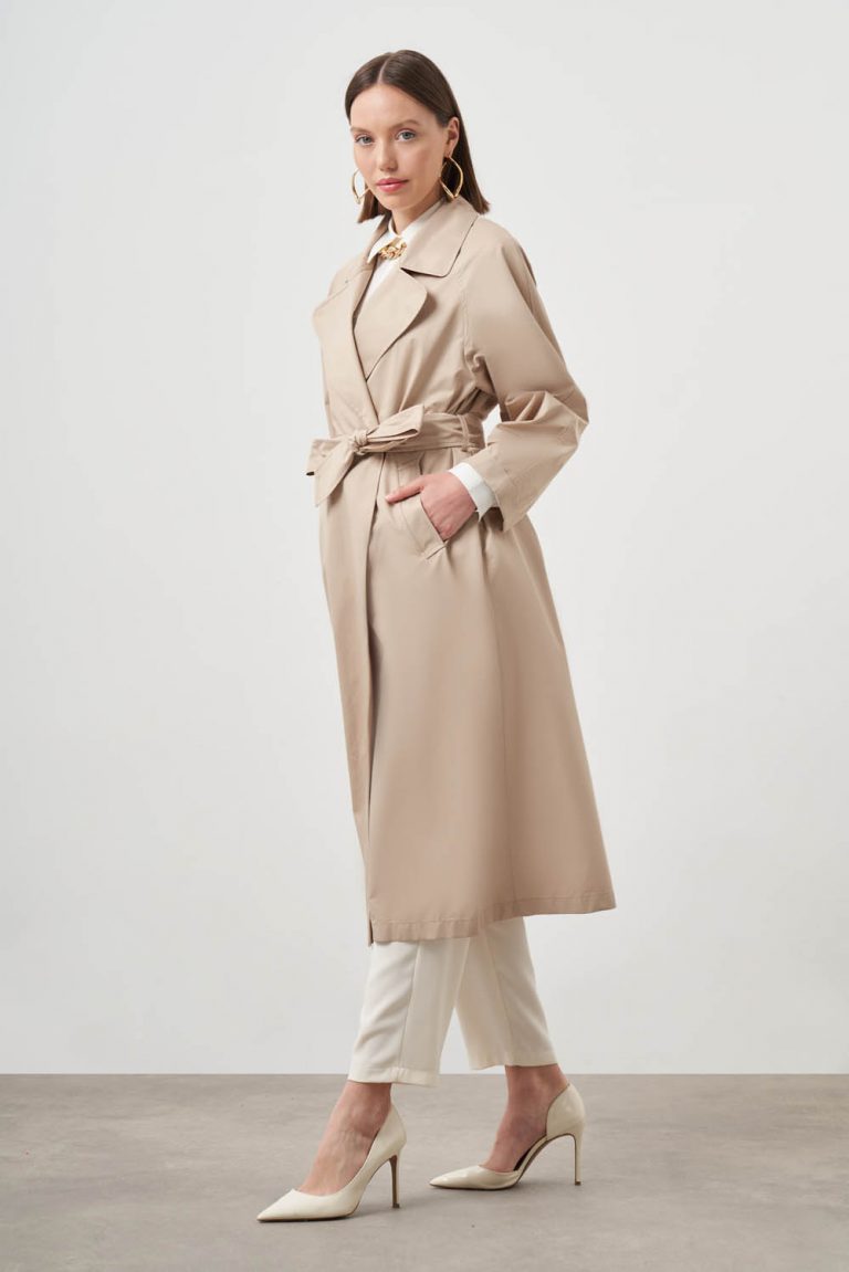 Mizalle Bej Rengi Premium Klasik Uzun Trençkot - Mizalle
