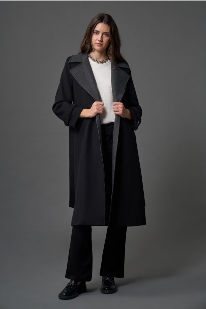 Mizalle Antrasit Yaka Detaylı Uzun Siyah Kaşe Kaban - Mizalle