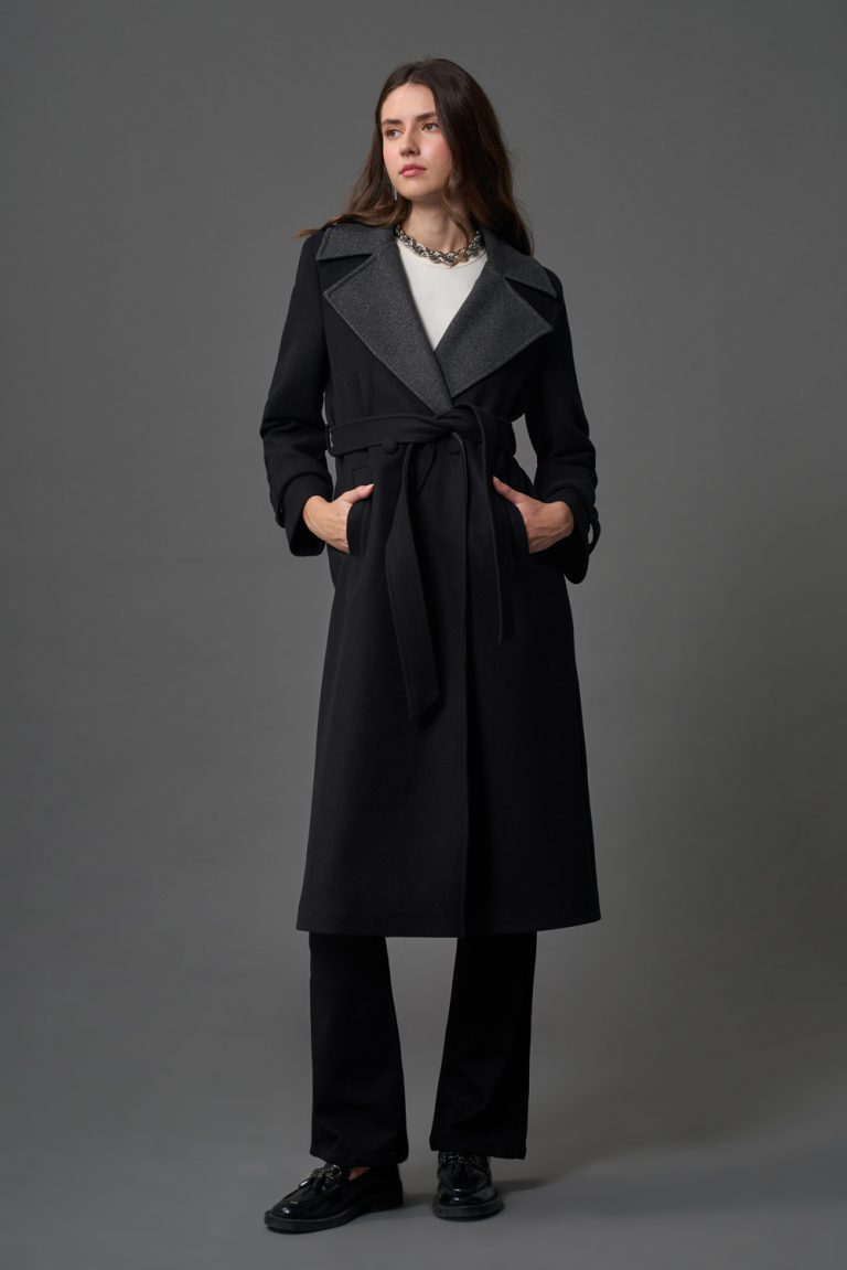 Mizalle Antrasit Yaka Detaylı Uzun Siyah Kaşe Kaban - Mizalle