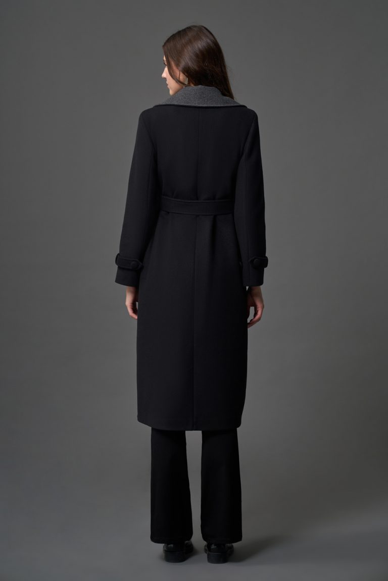 Mizalle Antrasit Yaka Detaylı Uzun Siyah Kaşe Kaban - Mizalle