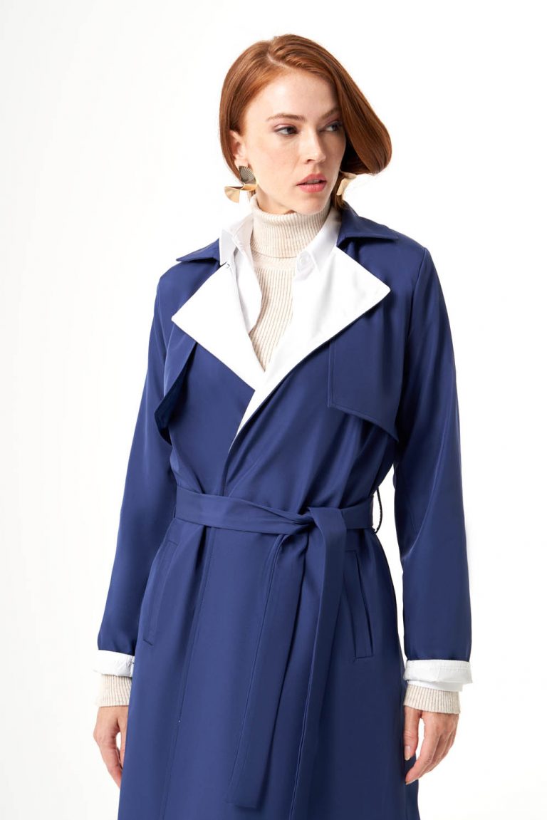 Mizalle Beyaz Yaka Klapalı İndigo Mavi Uzun Klasik Trençkot - Mizalle