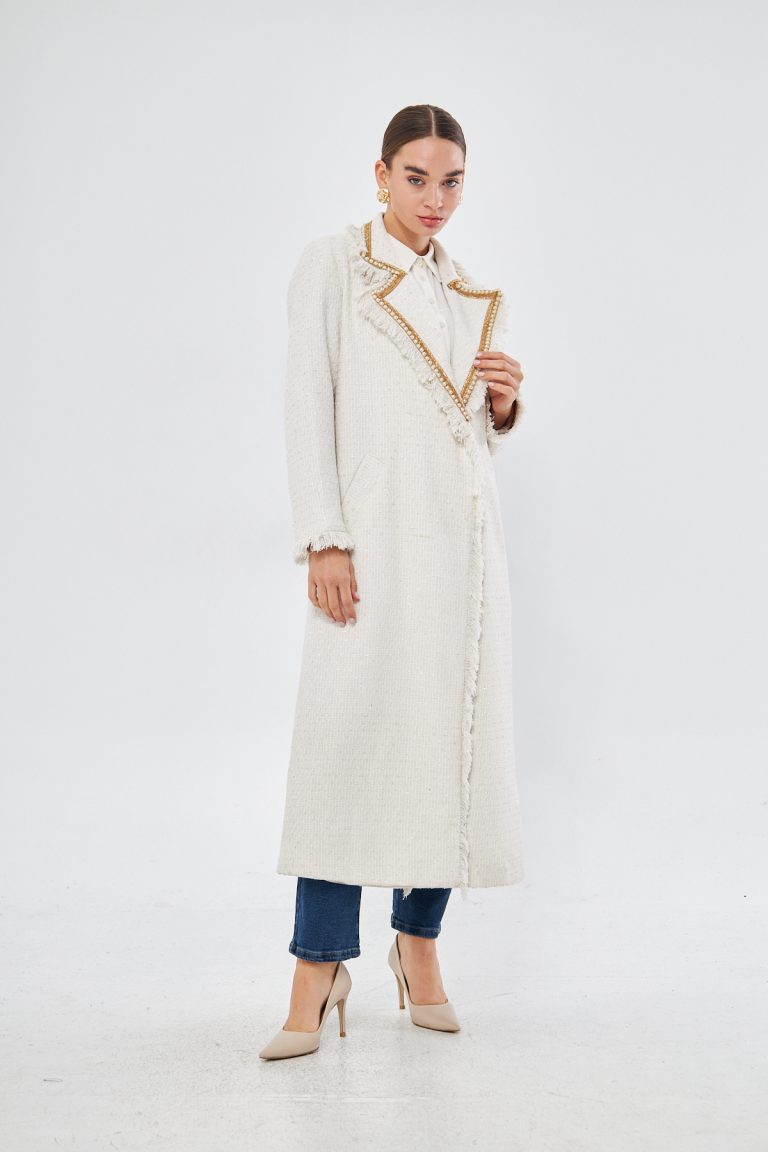 Yaka İncili Ekru Tüvit Kaban - Mizalle