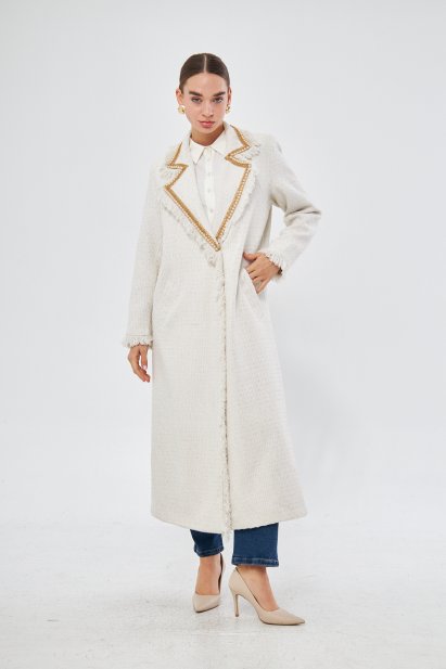 Yaka İncili Ekru Tüvit Kaban - Mizalle