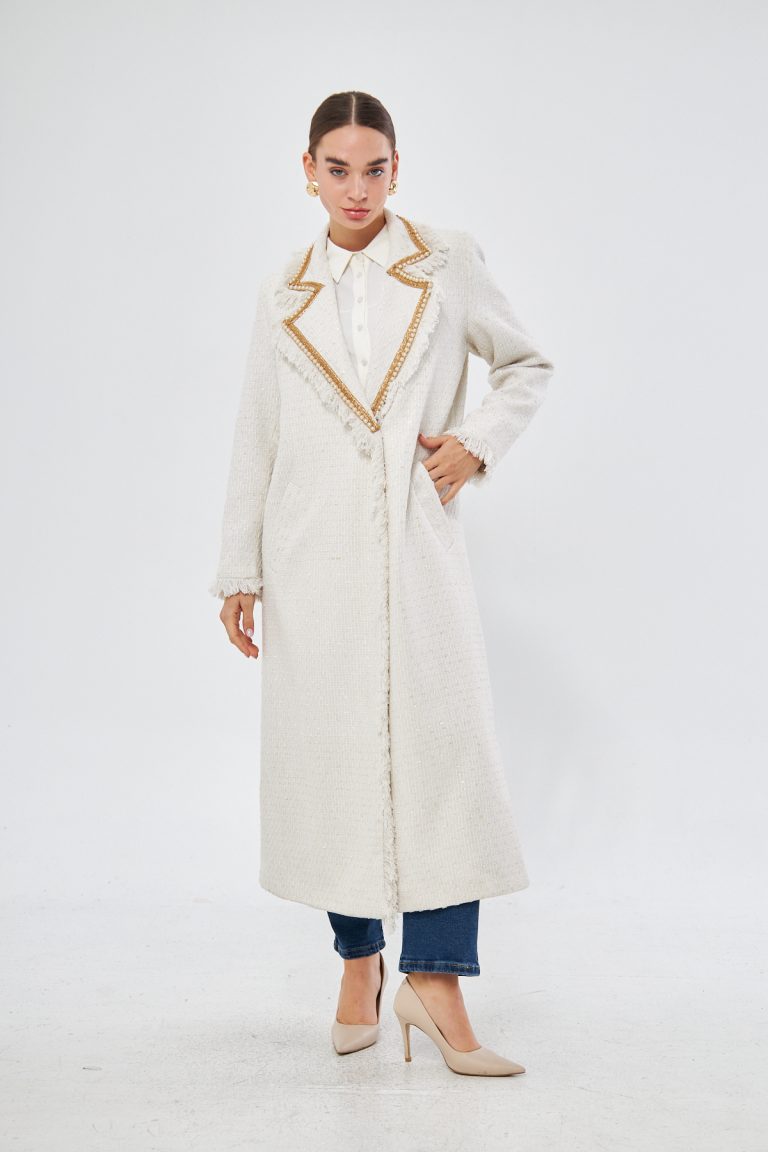 Yaka İncili Ekru Tüvit Kaban - Mizalle