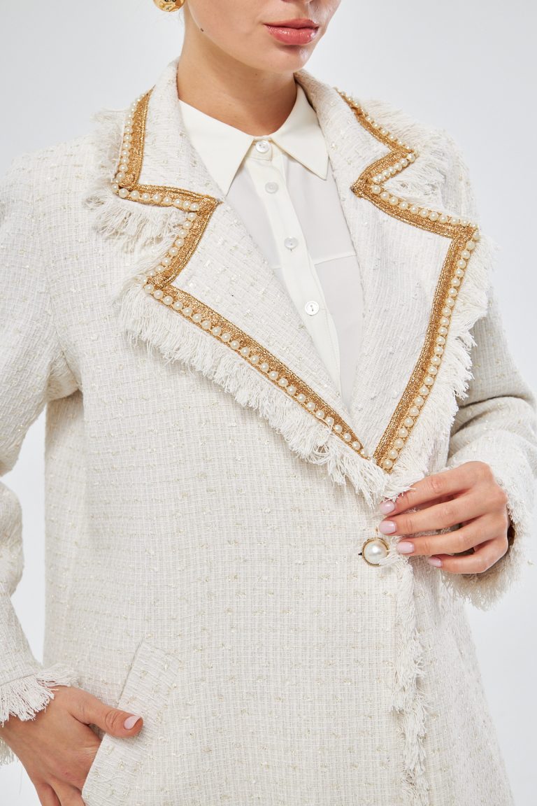 Yaka İncili Ekru Tüvit Kaban - Mizalle