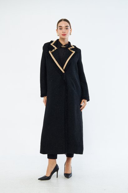 Mizalle İnci Detaylı Siyah Uzun Tüvit Kaban - Mizalle