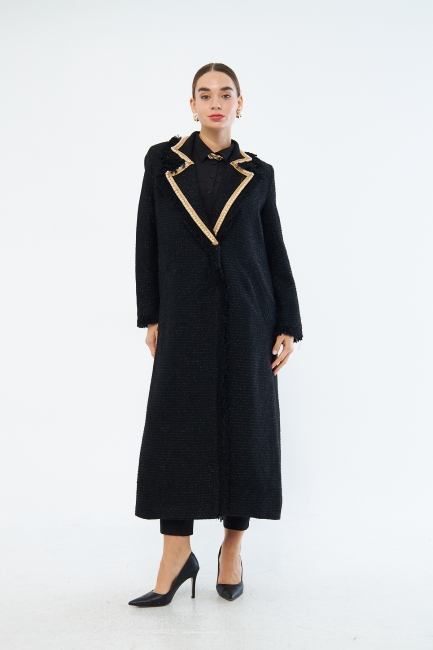 Mizalle - Mizalle İnci Detaylı Siyah Uzun Tüvit Kaban