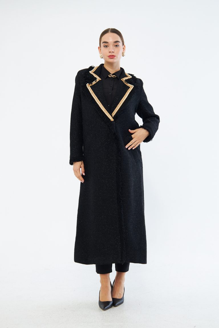 Mizalle İnci Detaylı Siyah Uzun Tüvit Kaban - Mizalle