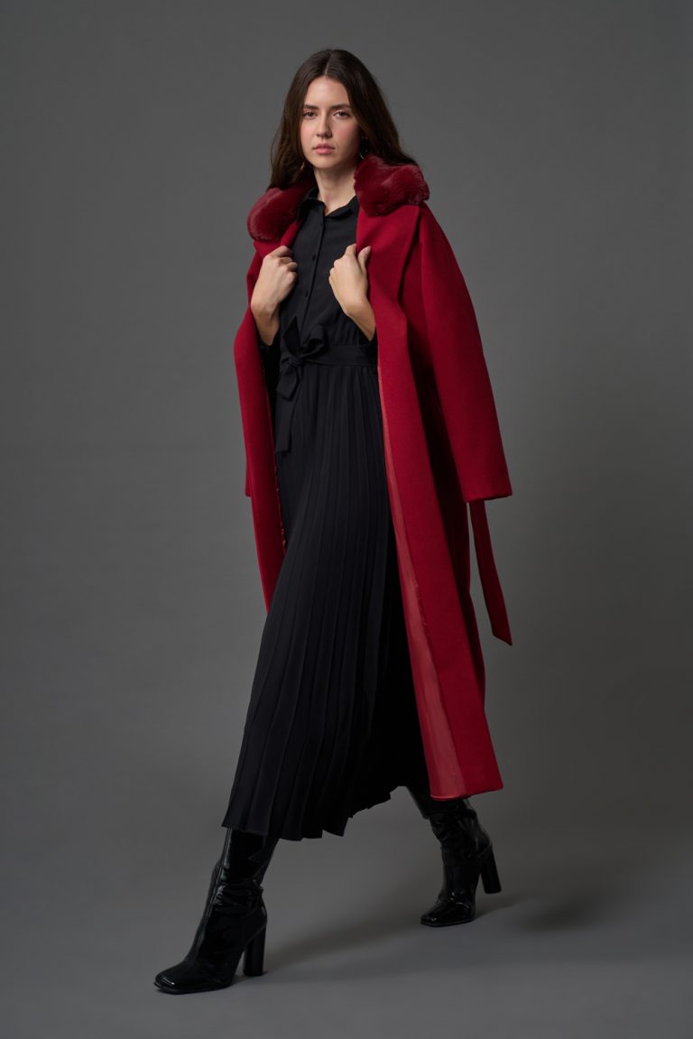 Mizalle Kürk Yakalı Premium Kaşe Uzun Bordo Kaban - Mizalle