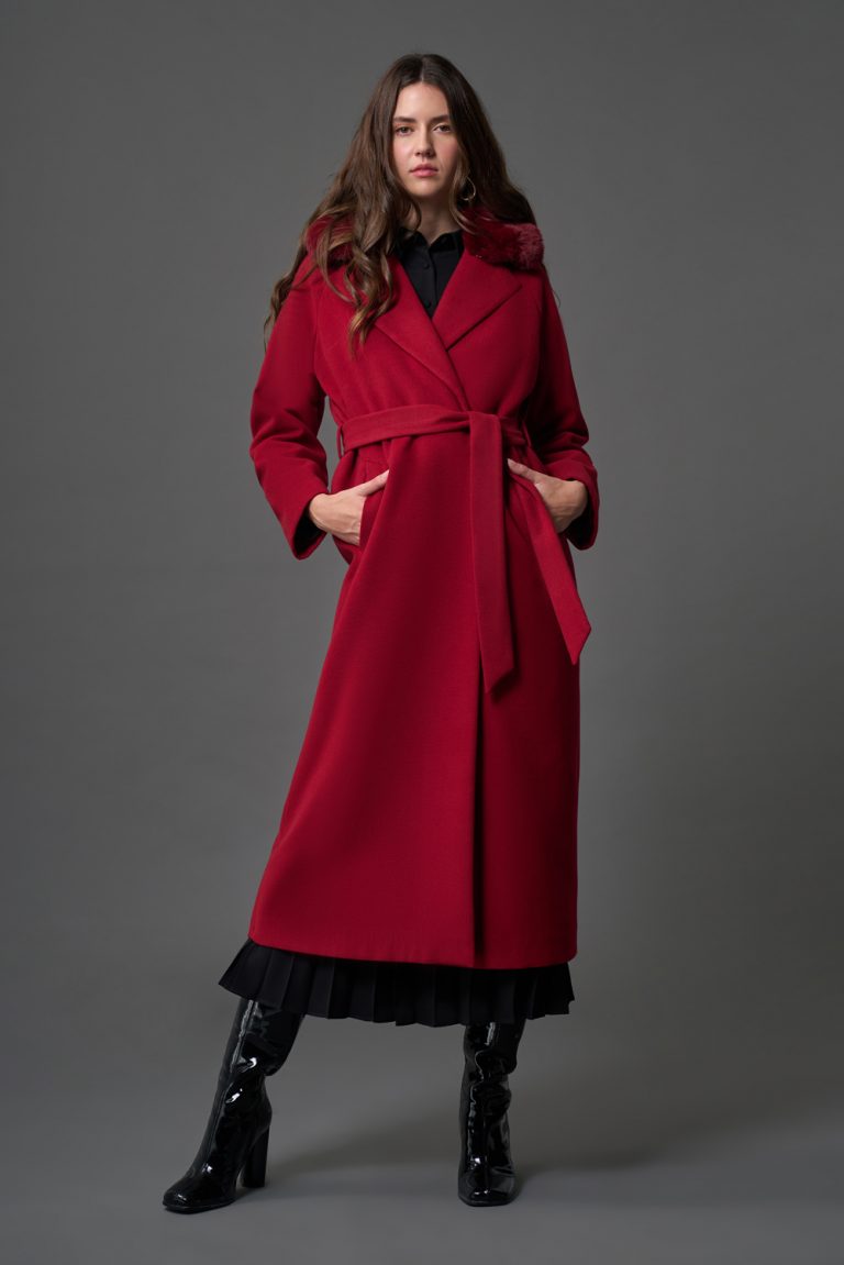 Mizalle Kürk Yakalı Premium Kaşe Uzun Bordo Kaban - Mizalle