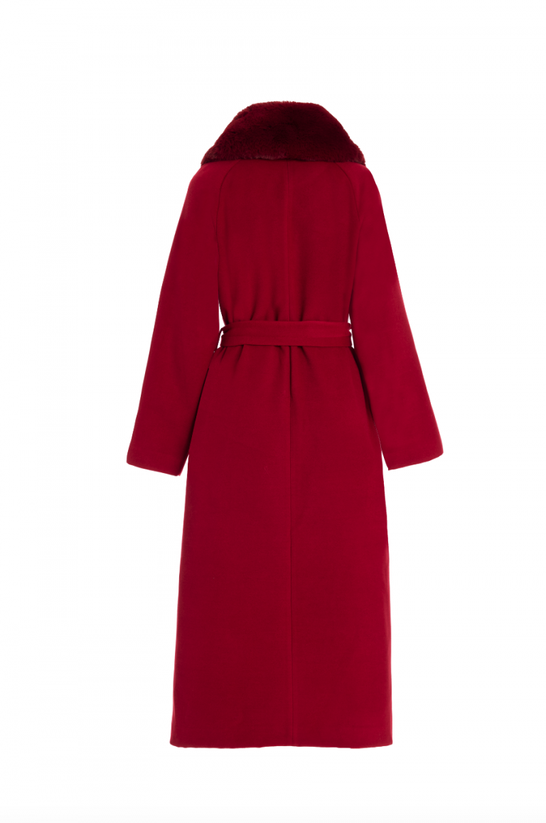 Mizalle Kürk Yakalı Premium Kaşe Uzun Bordo Kaban - Mizalle