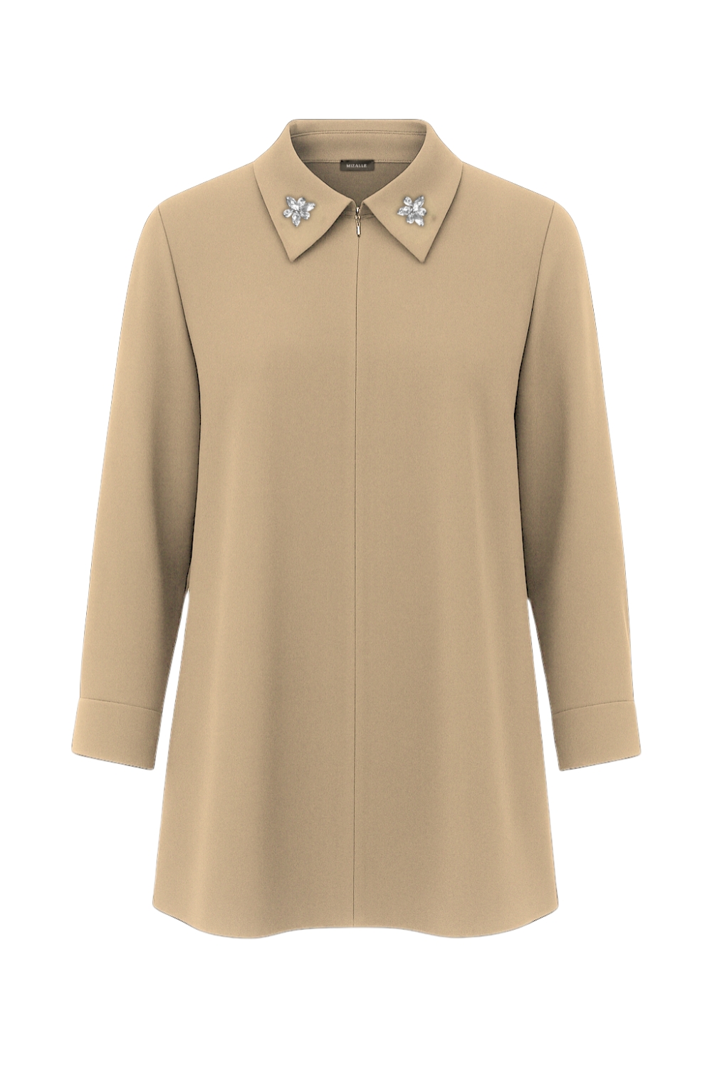 Mizalle - Mizalle Yakası Taş Detaylı Fermuarlı Gömlek Yaka Bej Rengi Tunik