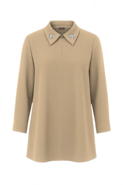 Mizalle Yakası Taş Detaylı Fermuarlı Gömlek Yaka Bej Rengi Tunik - Mizalle