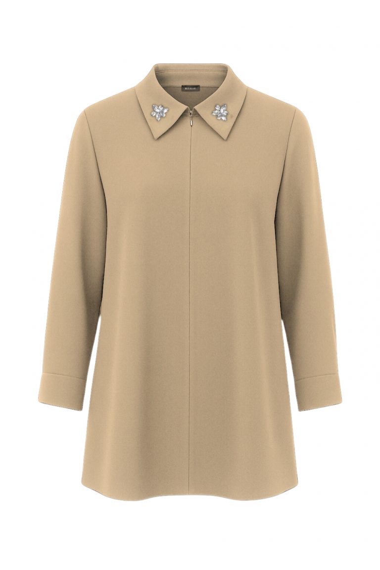 Mizalle Yakası Taş Detaylı Fermuarlı Gömlek Yaka Bej Rengi Tunik - Mizalle