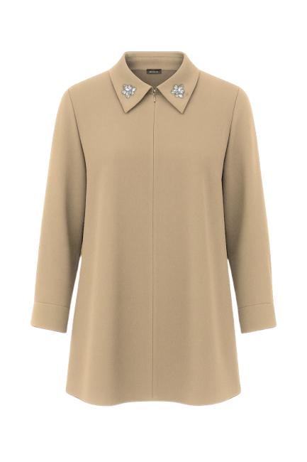 Mizalle - Mizalle Yakası Taş Detaylı Fermuarlı Gömlek Yaka Bej Rengi Tunik