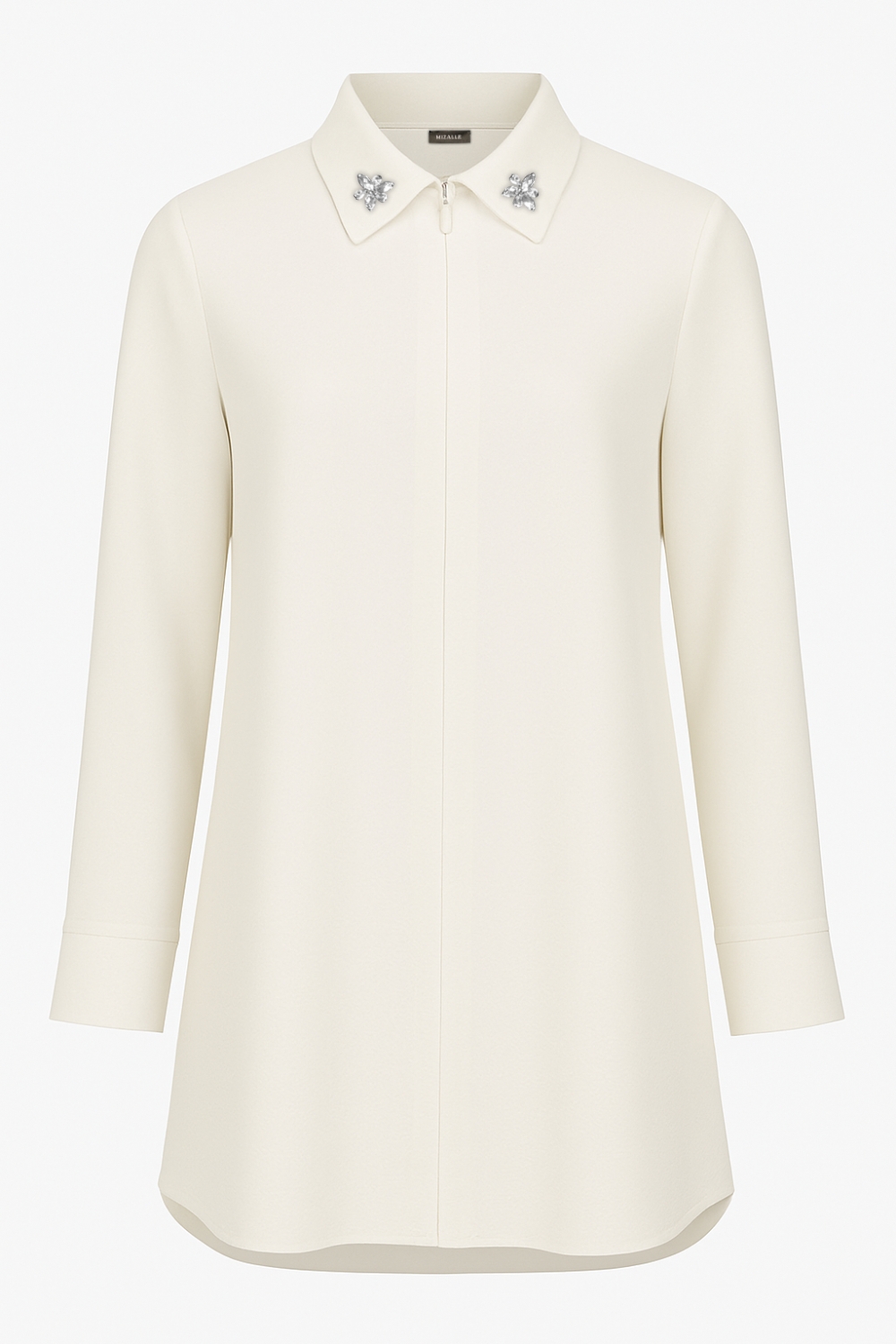 Mizalle - Mizalle Yakası Taş Detaylı Fermuarlı Gömlek Yaka Ekru Tunik