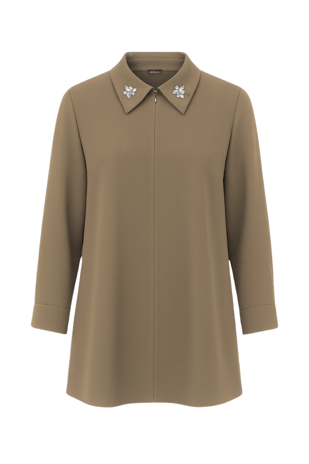 Mizalle Yakası Taş Detaylı Fermuarlı Gömlek Yaka Haki Tunik - 1