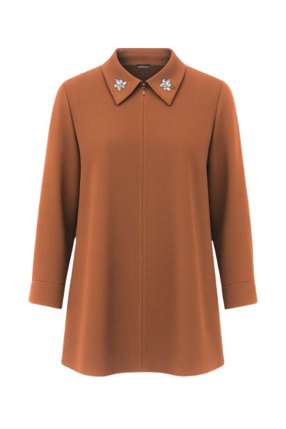 Mizalle Yakası Taş Detaylı Fermuarlı Gömlek Yaka Kiremit Rengi Tunik - Mizalle