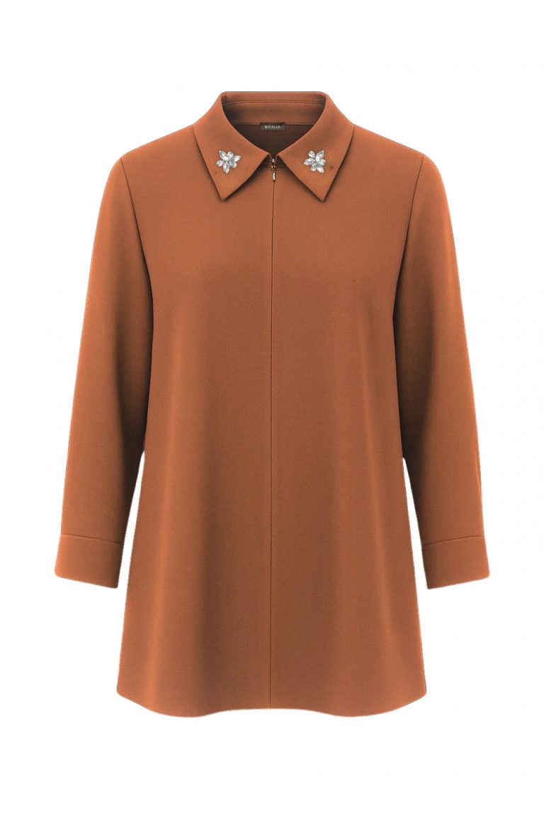 Mizalle Yakası Taş Detaylı Fermuarlı Gömlek Yaka Kiremit Rengi Tunik - Mizalle
