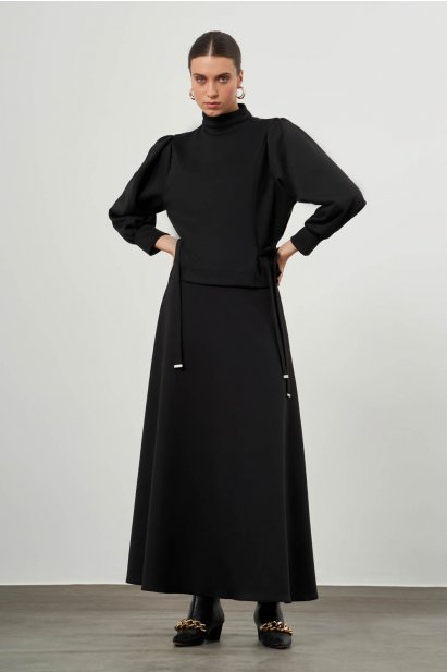 Mizalle Siyah Dik Yaka Belden Bağlamalı Krep Bluz - Mizalle