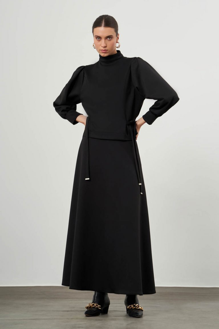 Mizalle Siyah Dik Yaka Belden Bağlamalı Krep Bluz - Mizalle