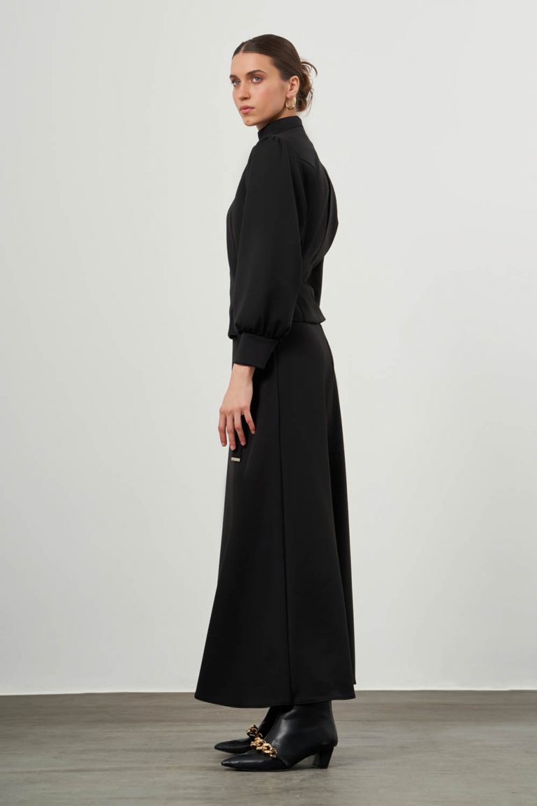 Mizalle Siyah Dik Yaka Belden Bağlamalı Krep Bluz - Mizalle