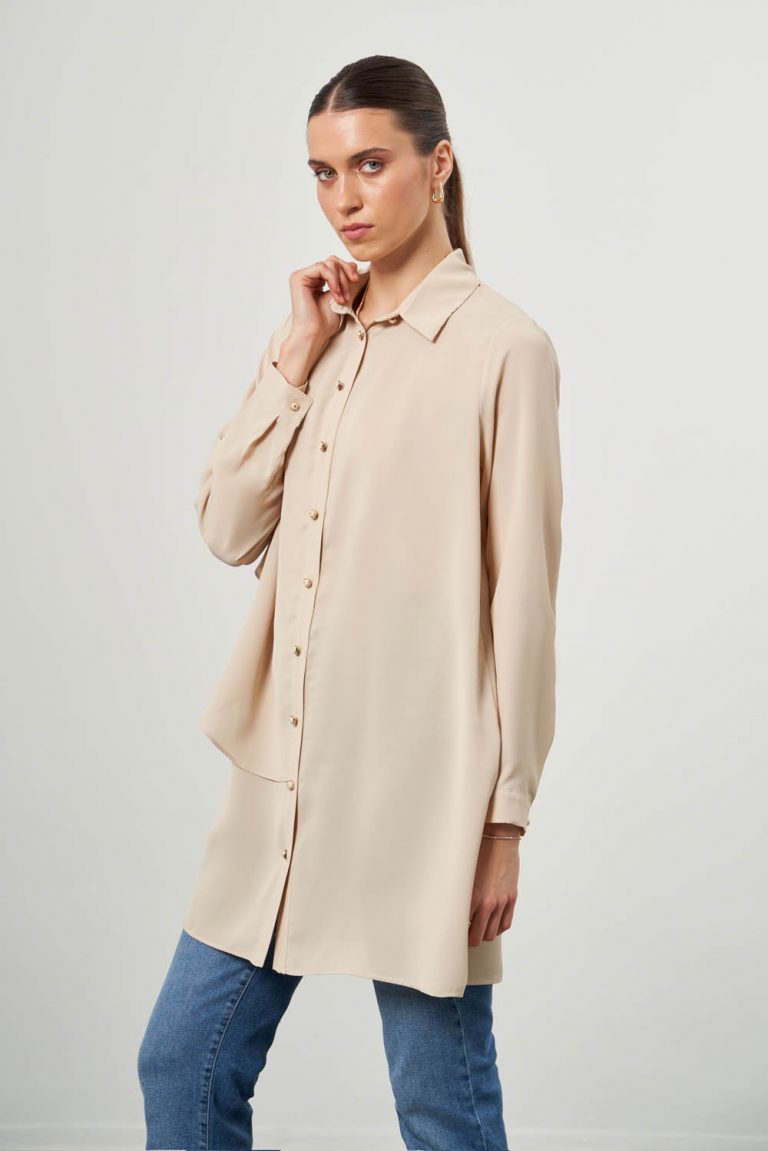 Mizalle Parça Detaylı Uzun Vizon Rengi Tunik - Mizalle