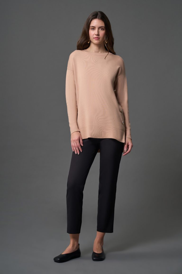 Mizalle Yanları Metal Düğmeli Camel Uzun Triko Tunik - Mizalle