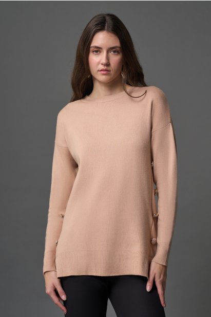 Mizalle Yanları Metal Düğmeli Camel Uzun Triko Tunik - Mizalle