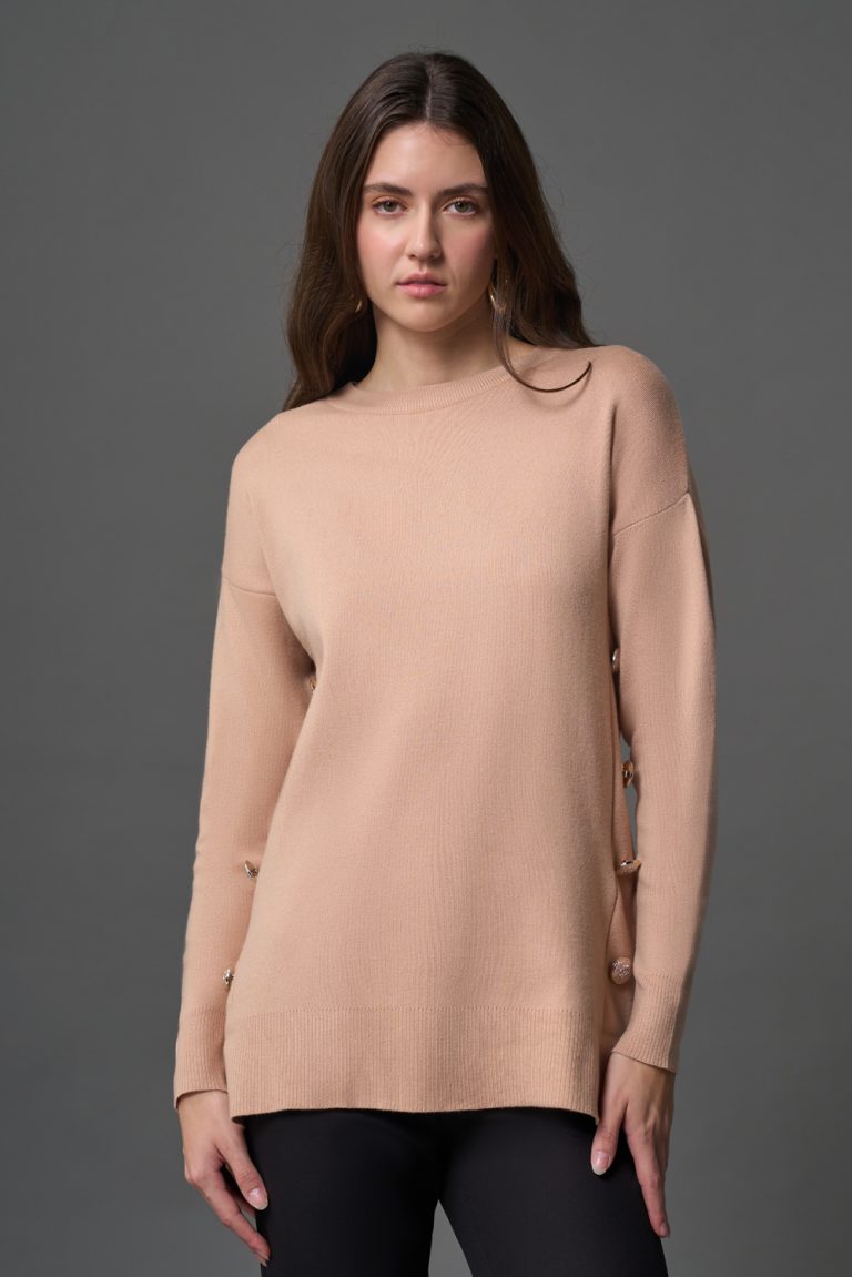 Mizalle Yanları Metal Düğmeli Camel Uzun Triko Tunik - Mizalle